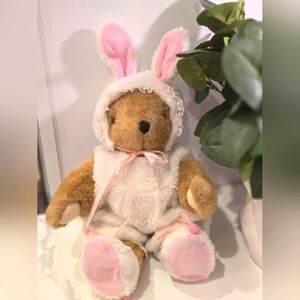 Vintage Tender Heart Treasures 1989  Pink and White Bunny Teddy Bear (0816)